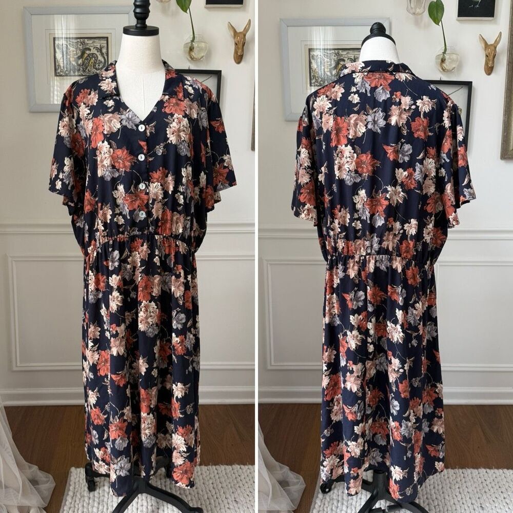 Meri Skye Dark Blue Desert Hue Floral Midi Dress 3X